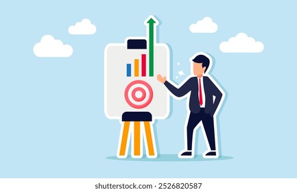 A businessman presenting a target graph on an upward trend, illustration of an explanation of business performance and target growth