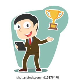 businessman presenting trophy