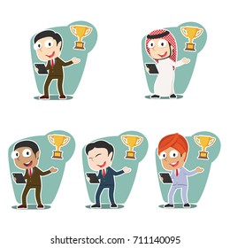 businessman presenting trophy different race set