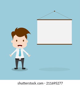 businessman presenting, white billboard with empty space. 