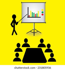 businessman presenting, white billboard with empty space.
