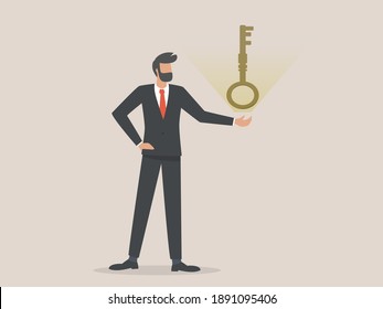 businessman presents the big keys, Problem solving concept