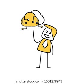 businessman presents cloud computing concept yellow stick figure design