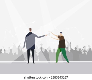 Businessman presents the new product on the stage in front of the people. Advertisement concept.  Flat design human's characters in colourful clothes. 