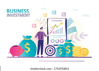 Empresario presenta nueva estrategia y estadísticas.Análisis y diagramas. Concepto de inversión y planificación presupuestaria.Banner sobre el tema de negocios. Banca de cerdo, monedas de pila y bolsa de dinero.Ilustración vectorial plana