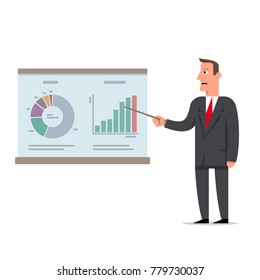 Businessman presents a report using infographics on the office flip chart. Business decision concept, flat style cartoon character vector illustration.