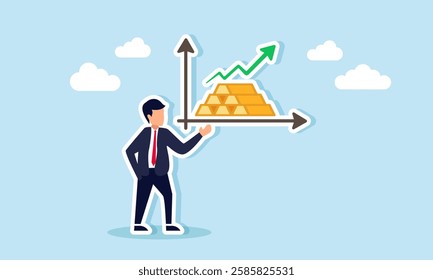 Businessman presents a rising chart from gold or precious metal, illustration of the importance of financial stability through diversification in precious metals or gold