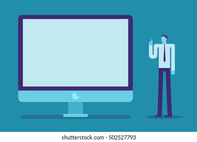 Businessman presents something on the computer monitor, Business concept, Vector illustration.