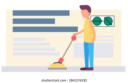 Businessman press switch on to get idea from brainstorming. Launch of a new project concept. Young man stands near gear shifter and operates the switch, press button, establishes a connection