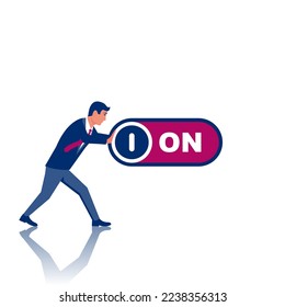 Empresario presiona un botón. Inicio del proyecto. Avance abierto. Encienda el interruptor. Un nuevo comienzo. Enciende o apaga. Diseño plano de ilustración vectorial. Aislado en segundo plano.