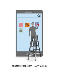 The businessman presses the buttons of the smartphone standing on the stairs. vector illustration.