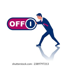Businessman presses off. Presses a button. Vector illustration flat design. Isolated on background.