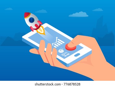 Businessman presses start button for rocket to take off