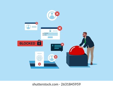 Businessman presses the start red button. Push start to open door and to see Blocked ID card. Hacker Cyber Attack, Censorship. Flat vector illustration.