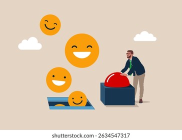 Businessman presses the start red button. Push start to open door and to see positive smiles faces. Positive thinking, mental health assessment. Flat vector illustration