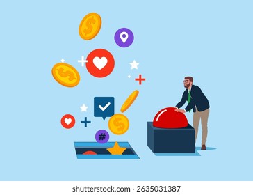Businessman presses the start red button. Push start to open door and to see Donation and charity with coin, money. Flat vector illustration.