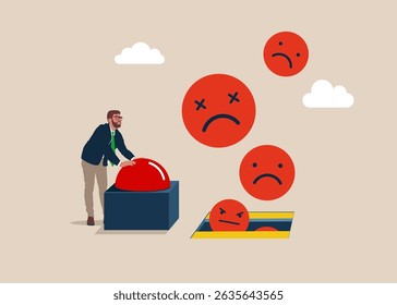 Businessman presses the start red button. Push start to open door and to see wicked faces emoji. Burnout from tiring work or demotivation from failure, stress. Flat vector illustration
