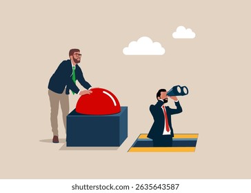 Businessman presses the start red button. Push start to launch business vision. Searching for success concept. Flat vector illustration
