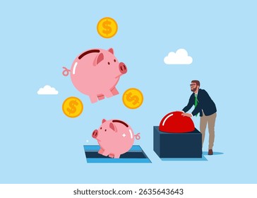 Businessman presses the start red button. Push start to open door and to see piggy bank with coins. Flat vector illustration
