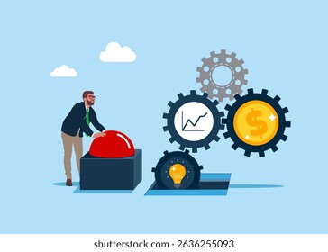 Businessman presses the start red button. Push start to open door and to see dollar money from cog gear production. Optimize cost and expense for better profit strategy. 
