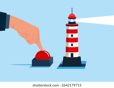 Businessman presses the start red button. Push start to open door and look at lighthouse. Business vision, competition, foresight, looking for career path. Vector illustration flat style. 
