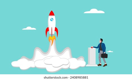 botón de presión de empresario para lanzar la ilustración vectorial de concepto de cohete, productos de lanzamiento de emprendimientos con símbolo de cohete, idea de proceso de inicio de proyectos empresariales a través de la planificación y la estrategia