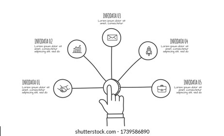 Businessman pressing button on a virtual background. Doodle circle line infographic. Business concept with 5 options, parts, steps or processes.