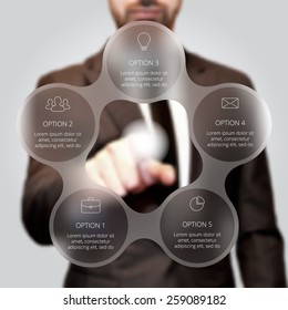 Businessman pressing button on a virtual background. Circle line infographic. Business concept with 5 options, parts, steps or processes. Linear graphic. Blur vector background.