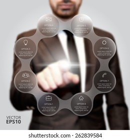 Businessman pressing button on a virtual background. Circle line infographic. Business concept with 8 options, parts, steps or processes. Linear graphic. Blur vector background.