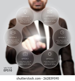 Businessman pressing button on a virtual background. Circle line infographic. Business concept with 6 options, parts, steps or processes. Linear graphic. Blur vector background.