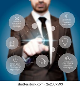 Businessman pressing button on a virtual background. Circle line infographic. Business concept with 7 options, parts, steps or processes. Linear graphic. Blur vector background.