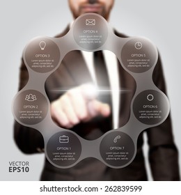 Businessman pressing button on a virtual background. Circle line infographic. Business concept with 7 options, parts, steps or processes. Linear graphic. Blur vector background.