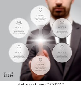 Businessman pressing button on a virtual background. Circle line infographic. Business concept with 6 options, parts, steps or processes. Linear graphic. Blur vector background.