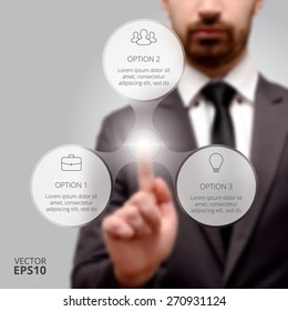 Businessman pressing button on a virtual background. Circle line infographic. Business concept with 3 options, parts, steps or processes. Linear graphic. Blur vector background.