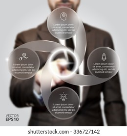 Businessman pressing button on a virtual background. Circle line infographic. Business concept with 4 options, parts, steps or processes. Linear graphic. Blur vector background.