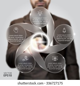 Businessman pressing button on a virtual background. Circle line infographic. Business concept with 5 options, parts, steps or processes. Linear graphic. Blur vector background.