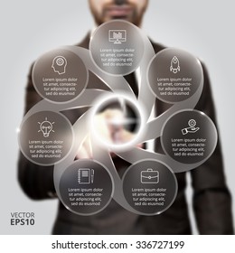 Empresario pulsando el botón en un fondo virtual. Infografía de la línea circular. Concepto de negocio con 7 opciones, piezas, pasos o procesos. Gráfico lineal. Desenfocar fondo vectorial.