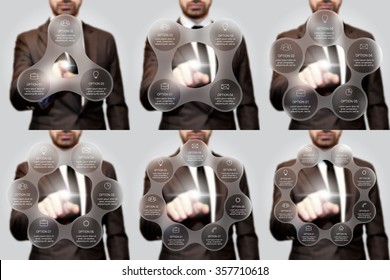Businessman pressing button on a virtual background. Circle line infographic. Business concept with 3, 4, 5, 6, 7 and 8 options, parts, steps or processes. Linear graphic. Blur vector background.