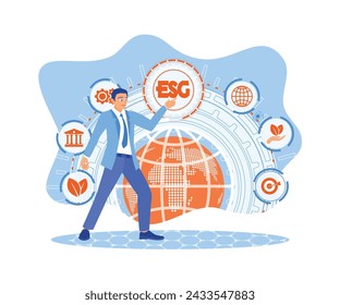 Businessman pressing ESG button on virtual screen. ESG environmental social governance business strategy investment concept. The concept of ESG icon. Flat vector illustration.