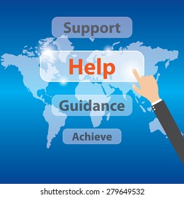 Businessman pressing a Self Help concept button, vector