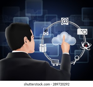 Businessman pressing virtual icons cloud. vector