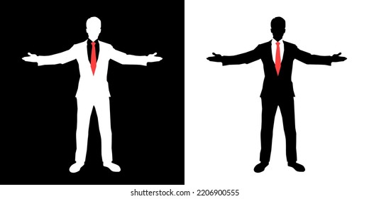 Businessman prides himself on his achievements with his arms outstretched on black and white background. Vector Illustration.