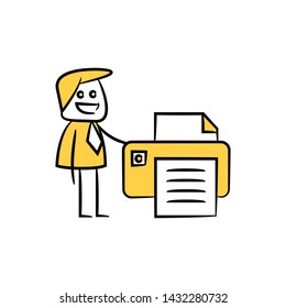 businessman and printer concept in stick figure yellow theme