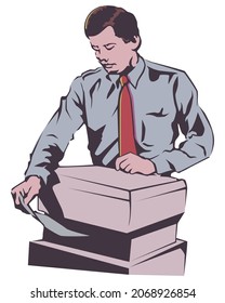 Businessman is printing document. Design Vector illustration