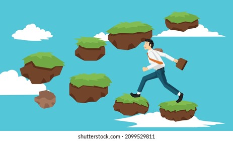 Businessman in private suit jump up the sky stone steps with brown bag. green grass-covered boulders into the sky. background of blue sky with white clouds.