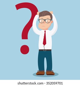 A businessman with a problem standing scratching his head with question marks beside him. A contemporary style. Vector flat design illustration with isolated white background.