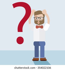 A businessman with a problem standing scratching his head with question marks beside him. A contemporary style. Vector flat design illustration with isolated white background.