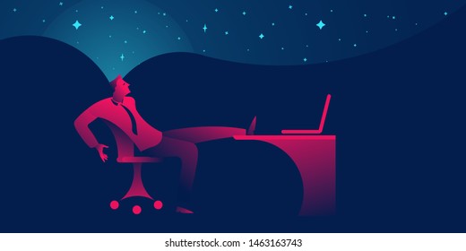 Businessman procrastinating, being lazy, distracted or daydreaming at office. business concept in red and blue neon gradients