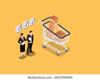 Businessman procurement manager checking supply assets 3d isometric vector illustration