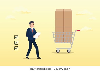 Businessman procurement manager checking supply assets, Procurement and asset management, manage or purchasing company equipments, goods and service, audit and checking price and depreciation (Vector)